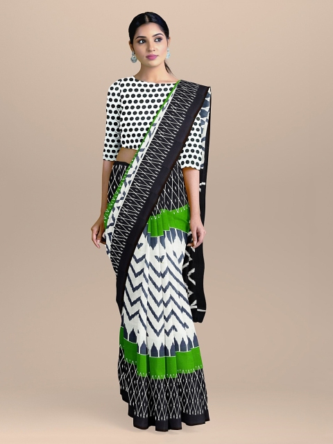 

BharatSthali White & Green Pure Cotton Handloom Printed Sustainable Saree