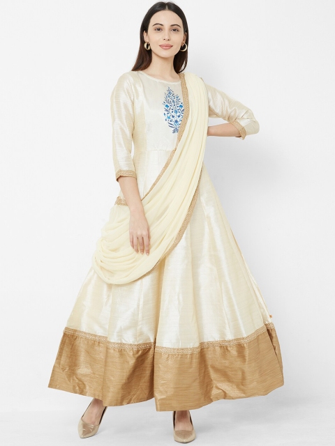 Vedic Women Cream & Gold Floral Print Maxi Dress with Attached Dupatta