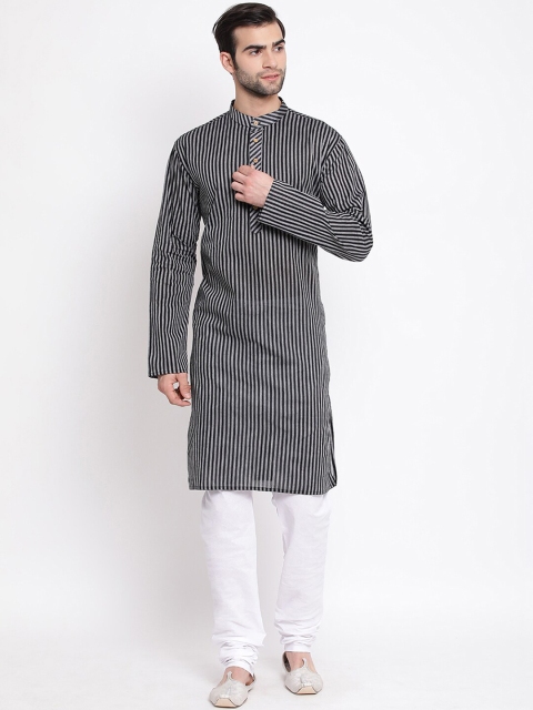 

VASTRAMAY Men Black & White Striped Handloom Kurta with Pyjamas