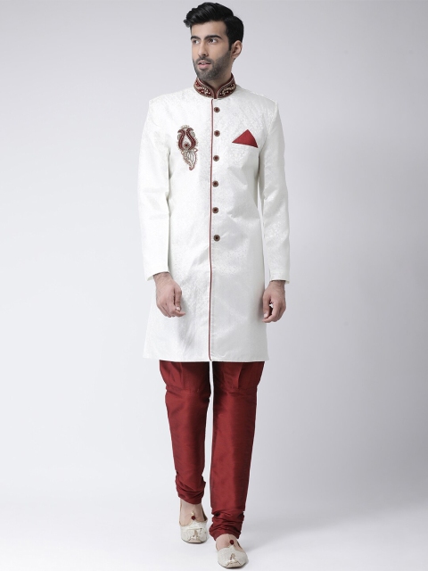 

SG LEMAN Men Cream-Coloured & Maroon Solid Sherwani Set
