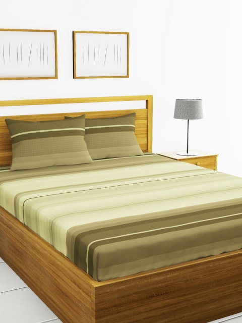 

BIANCA Olive Brown & Off-White Striped 180 TC Cotton 1 King Bedsheet with 2 Pillow Covers