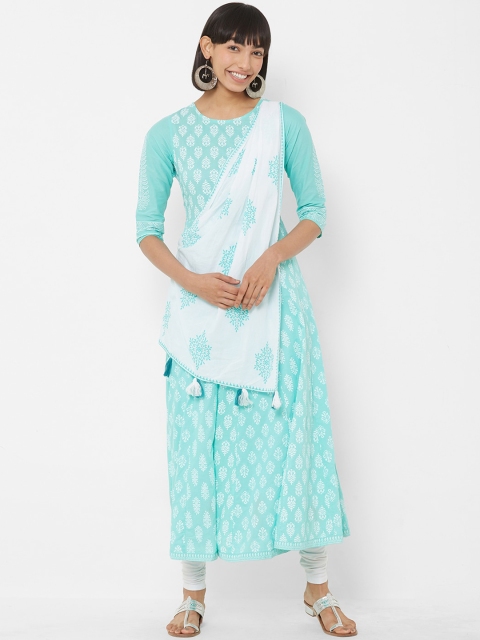 Vedic Women Turquoise Blue & White Printed A-Line Kurta