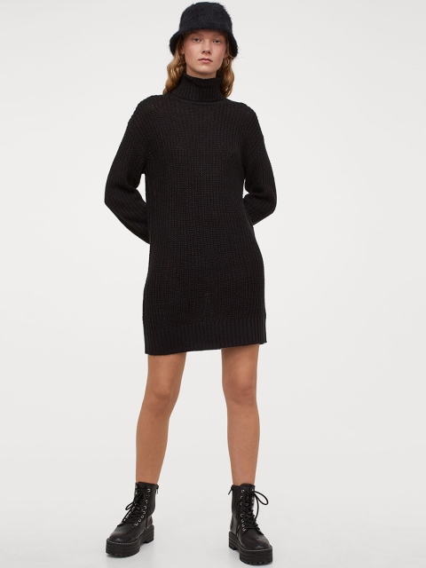

H&M Women Black Knitted Polo-Neck Dress