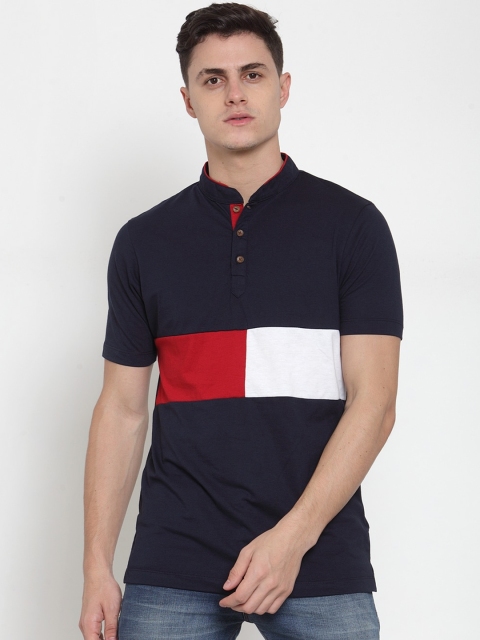 

Kalt Men Navy Blue & Red Colourblocked Mandarin Collar T-shirt