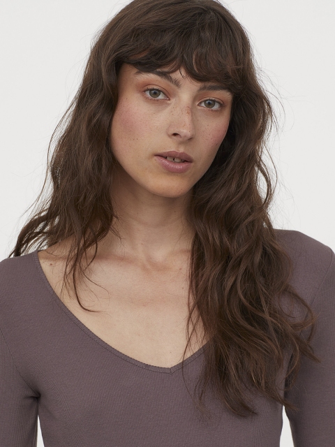 

H&M Women Mauve Ribbed Cotton Top, Purple