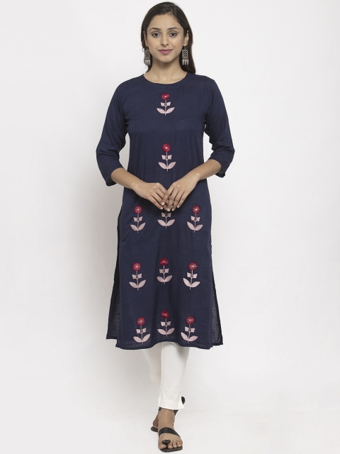 

TAG 7 Women Navy Blue & Red Floral Embroidered A-Line Kurta