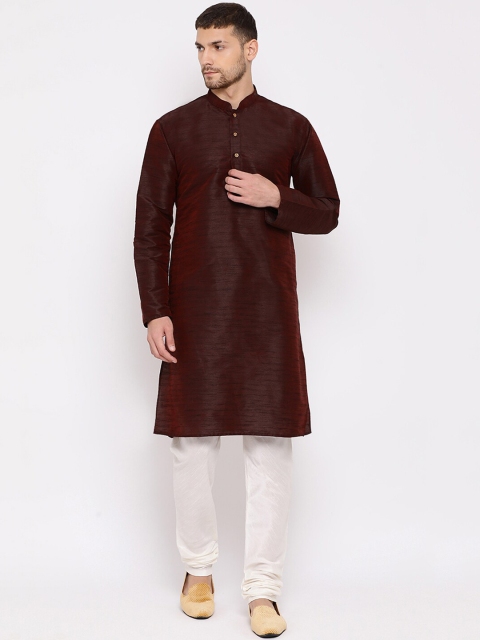 

VASTRAMAY Men Burgundy & Cream-Coloured Solid Kurta with Pyjamas