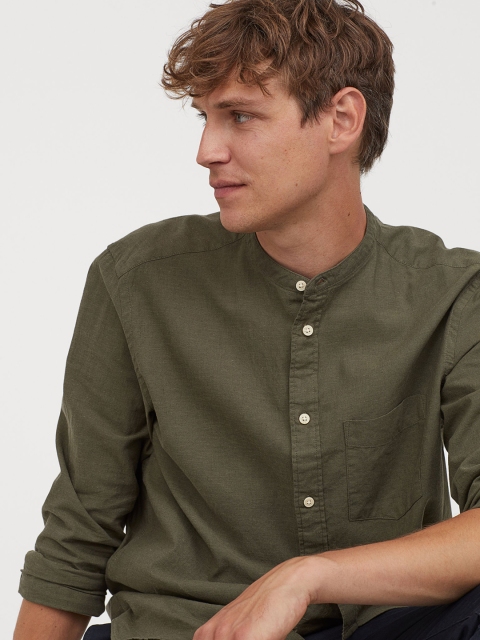 

H&M Men Olive Green Linen-Blend Shirt Regular Fit