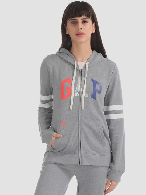 

GAP Women Grey & Red Printed Hooded Sweatshirt