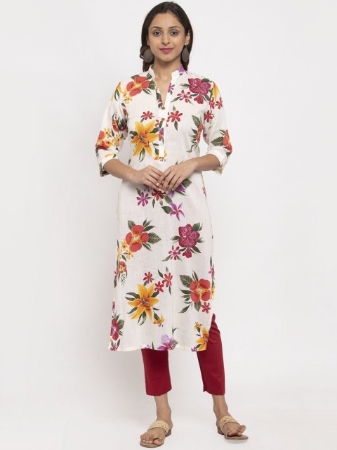 

TAG 7 Women White & Red Floral Printed Straight Kurta