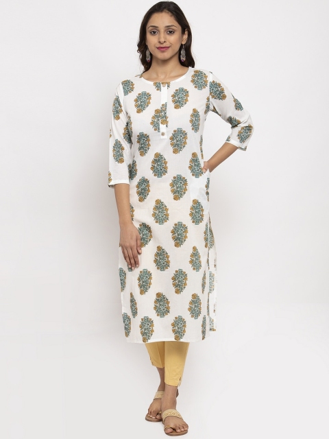 

TAG 7 Women White & Blue Floral Block Printed Straight Kurta