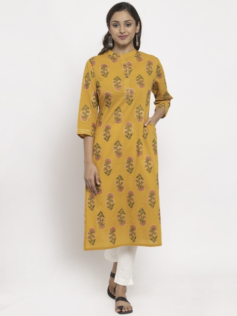 

TAG 7 Women Mustard Yellow & Pink Floral Printed Straight Kurta