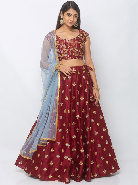 

6Y COLLECTIVE Maroon & Lavender Embroidered Ready to Wear Lehenga & Unstitched Blouse with Dupatta