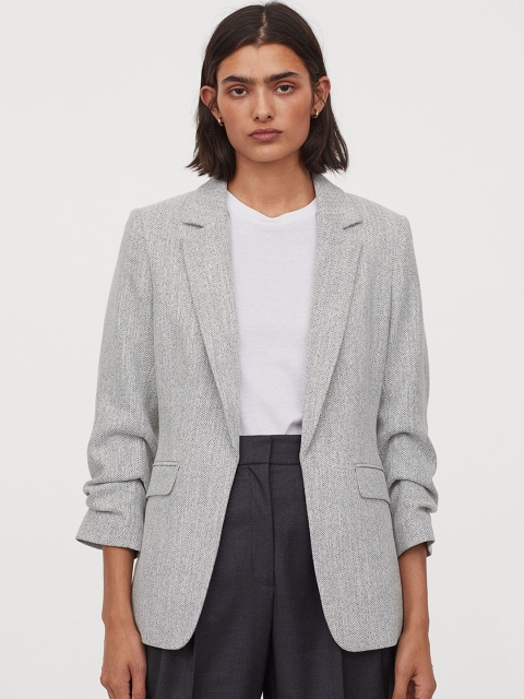

H&M Women Grey Solid Gathered-Sleeve Jacket