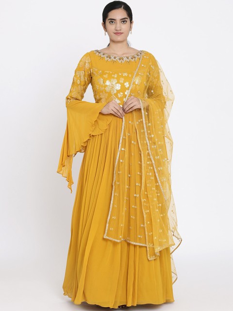 

Koskii Women Yellow Embellished Maxi Dress With Dupatta