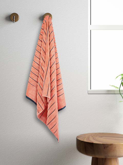 

SPACES Unisex Coral-Pink & Navy Blue Striped Exotica Ribbed 575 GSM Bath Towel