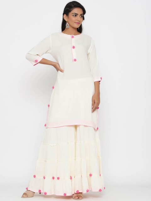 

WomenMagic Women White Self Design Kurta with Palazzos Set