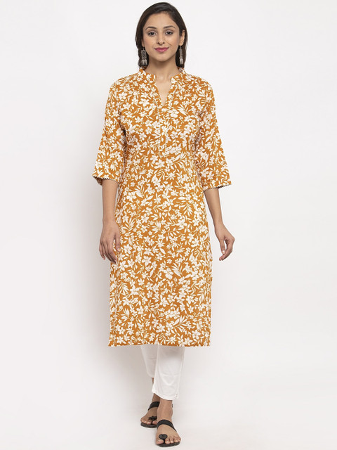 

TAG 7 Women Mustard Yellow & White Floral Printed Straight Kurta