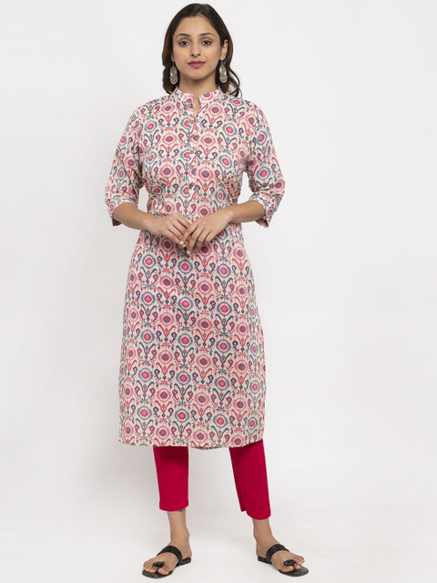 

TAG 7 Women Off-White & Pink Printed Straight Kurta
