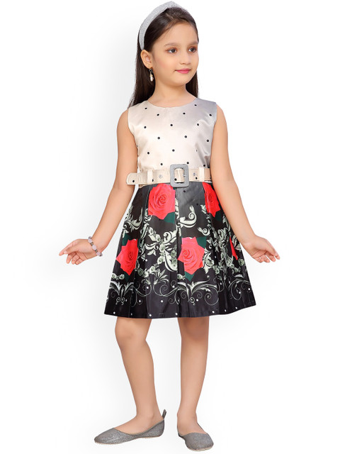 

Aarika Girls Beige & Black Floral Printed Fit and Flare Dress