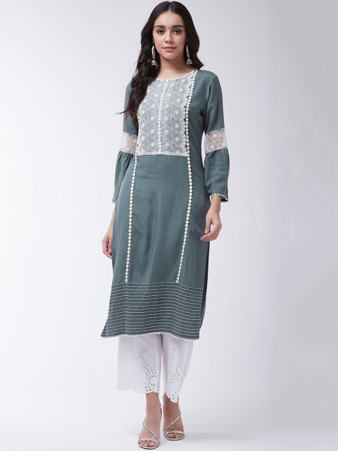 

InWeave Women Grey & White Yoke Design Schiffli Chikankari Kurta with Trousers