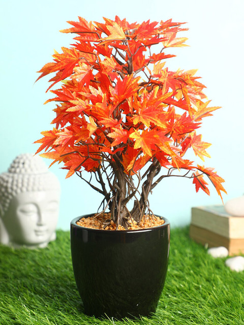 

PolliNation Orange Decorative Artificial Maple Bonsai with Black Ceramic Pot