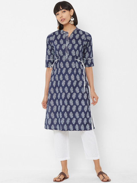 

Vedic Women Blue & White Printed Straight Kurta