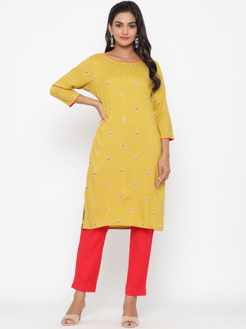 

WomenMagic Women Yellow & Red Embroidered Kurta with Trousers