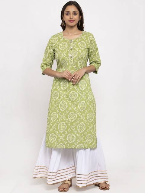 

TAG 7 Women Green & White Bandhani Printed Straight Kurta
