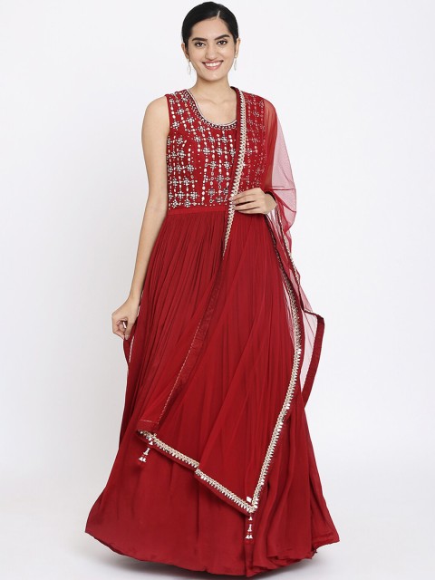 

Koskii Women Maroon Mirror work Maxi Dress Dress With Dupatta