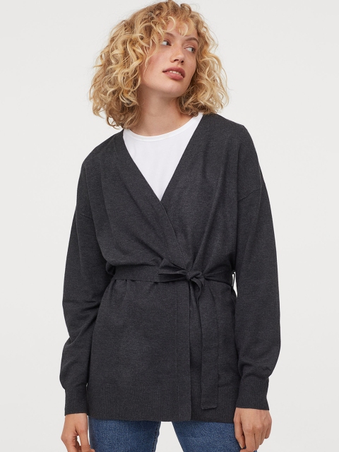 

H&M Women Charcoal Grey Solid Tie-Belt Cardigan