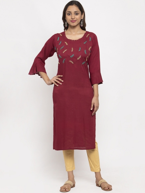 

TAG 7 Women Maroon & Green Embroidered Straight Kurta