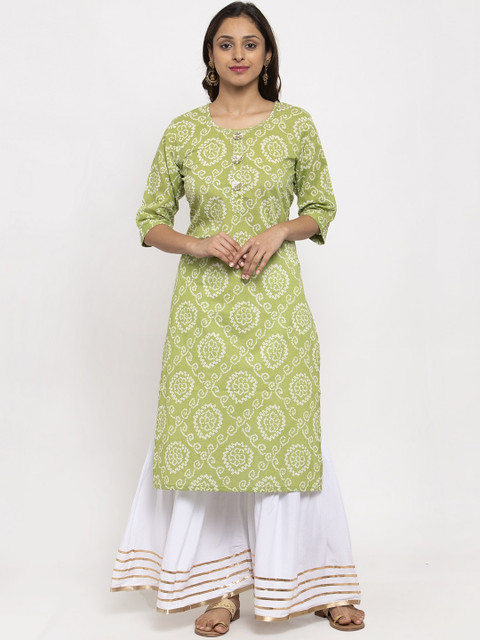 

TAG 7 Women Green & White Printed Anarkali Kurta