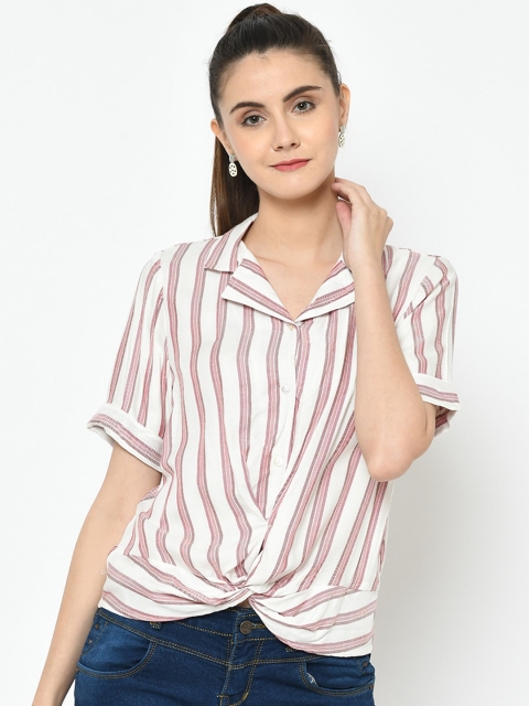 

Latin Quarters Women White And Peach Striped Shirt Style Top