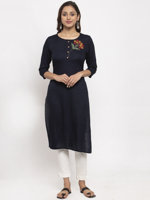 

TAG 7 Women Navy Blue & Yellow Embroidered Straight Kurta