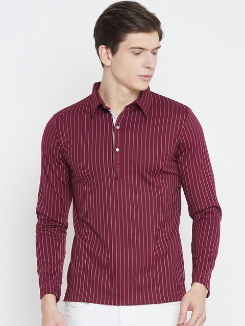 

armure Men Maroon Striped Polo Collar T-shirt