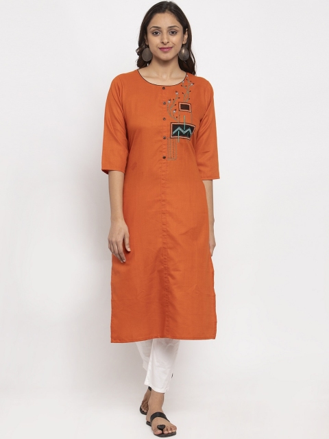 

TAG 7 Women Orange Embroidered Straight Kurta