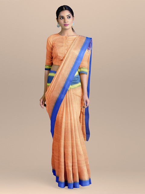 

BharatSthali Peach-Coloured Silk Cotton Striped Kota Sustainable Saree