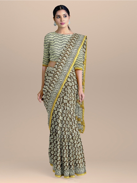 

BharatSthali Olive Green & Off-White Pure Chanderi Cotton Silk Printed Saree