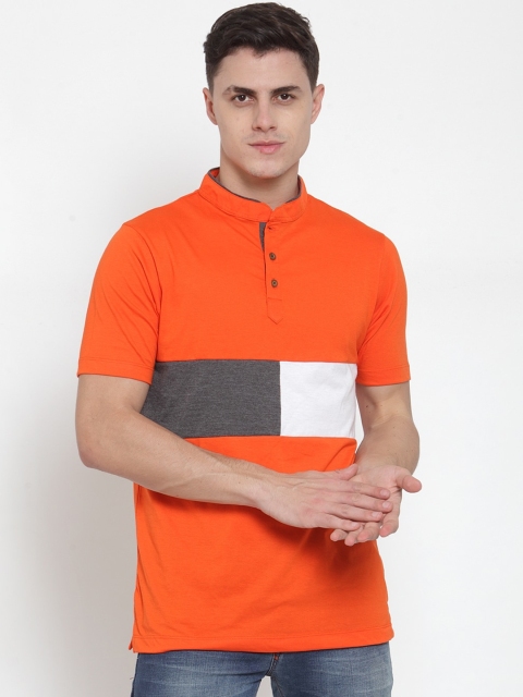 

Kalt Men Orange & Grey Colourblocked Mandarin Collar T-shirt