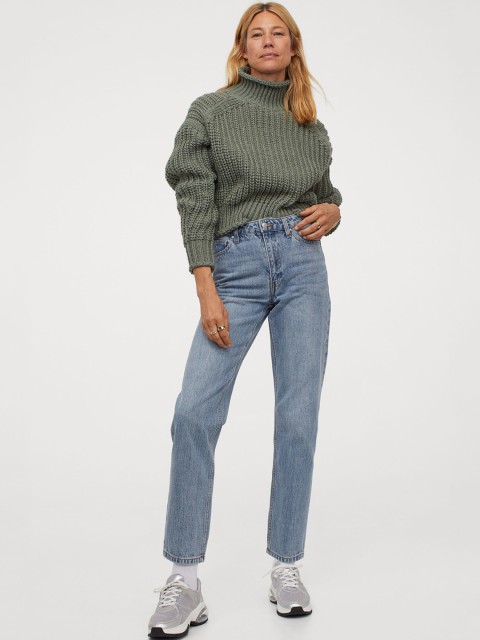 

H&M Women Olive Green Ribbed Polo-Neck Jumper