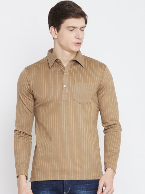

armure Men Brown Striped Polo Collar T-shirt