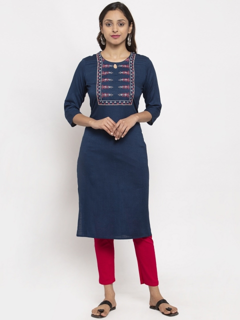 

TAG 7 Women Blue & Red Floral Embroidered Straight Kurta