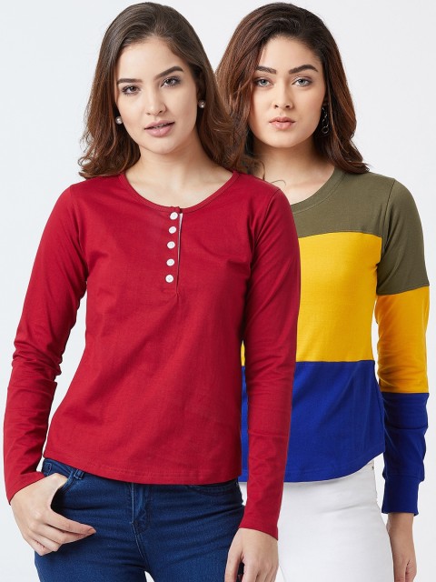 

The Dry State Women Pack of 2 Solid Henley Neck T-shirts, Red