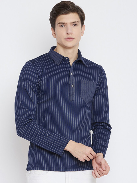 

armure Men Navy Blue Striped Polo Collar T-shirt