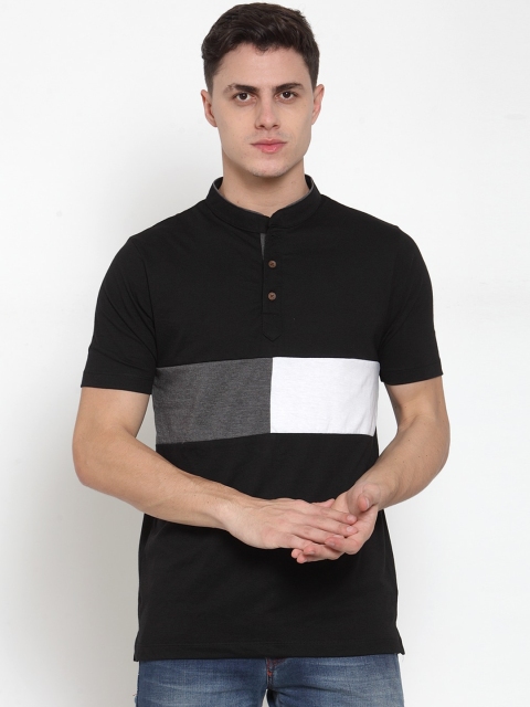 

Kalt Men Black & White Colourblocked Mandarin Collar T-shirt