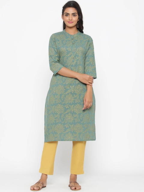

WomenMagic Women Green Floral Print Straight Kurta
