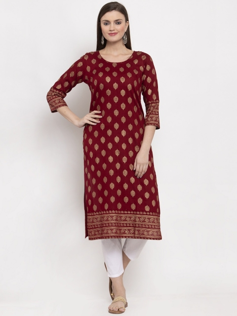 Clora Creation Women Maroon Woven Design Straight Kurta
