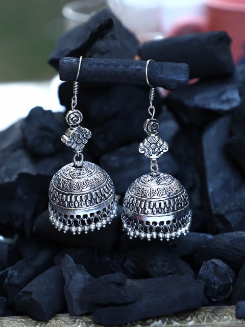 

ZeroKaata Silver-Toned Dome Shaped Oxidised Jhumkas