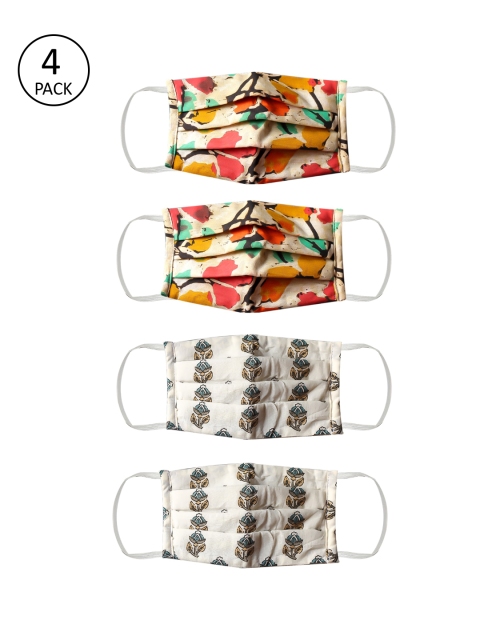 

Bellofox Unisex White Printed Pack of 4 Reusable 3-Ply Cloth Masks, Peach